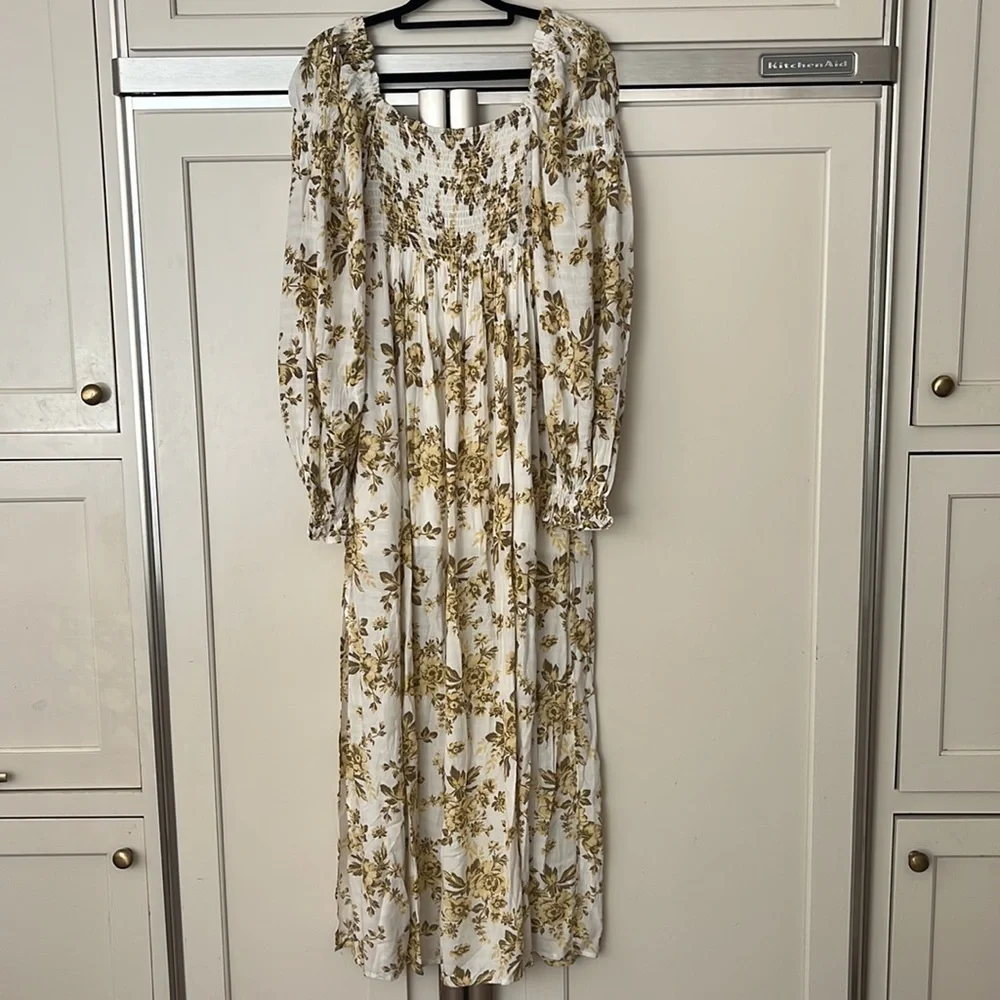 Free People Jaymes Floral Midi Dress in Pastry Cream with balloon sleeves